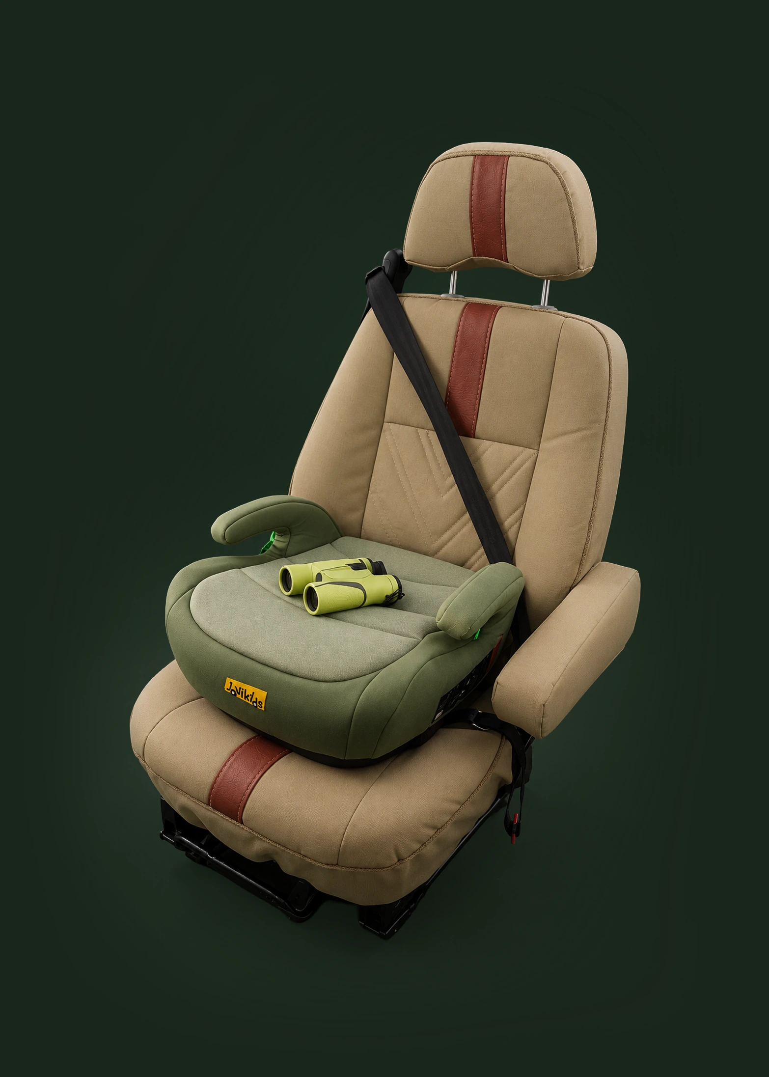 Booster seat secured with a three-point seat belt and Swarovski binoculars for children