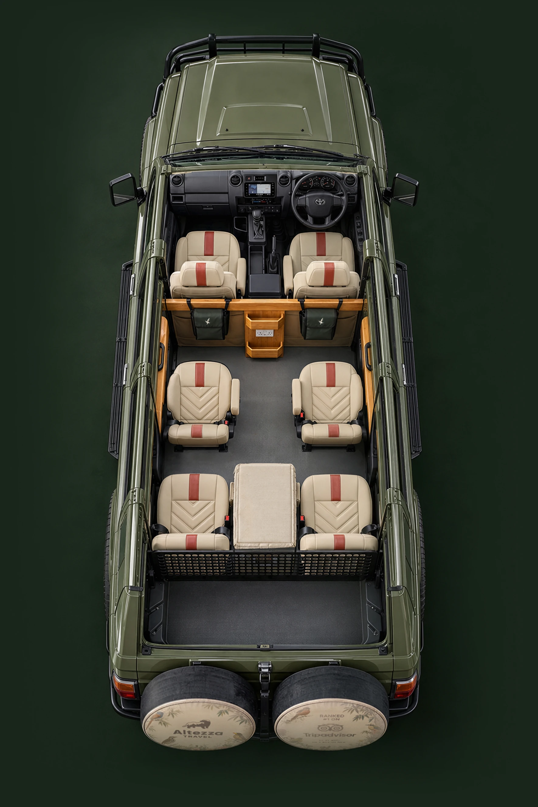 Top-down view of the Altezza safari vehicle interior and its seating layout