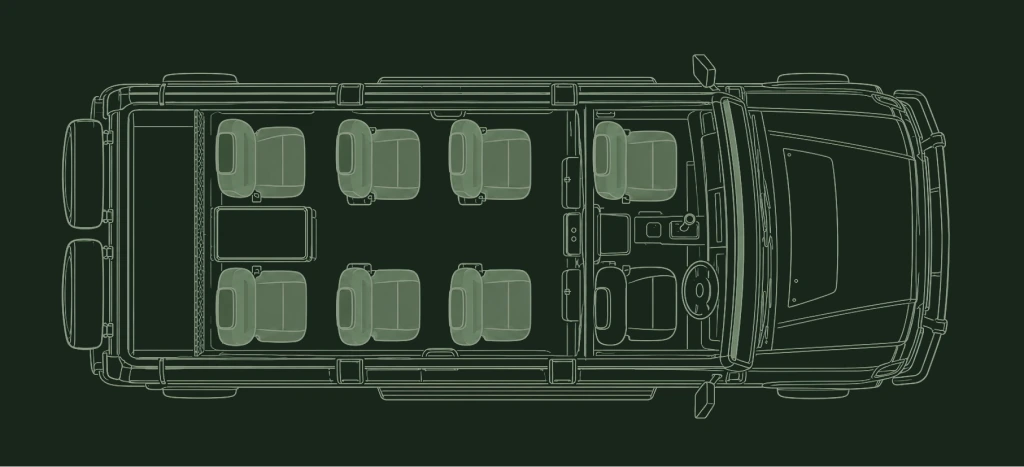 Seven-passenger safari vehicle seating layout